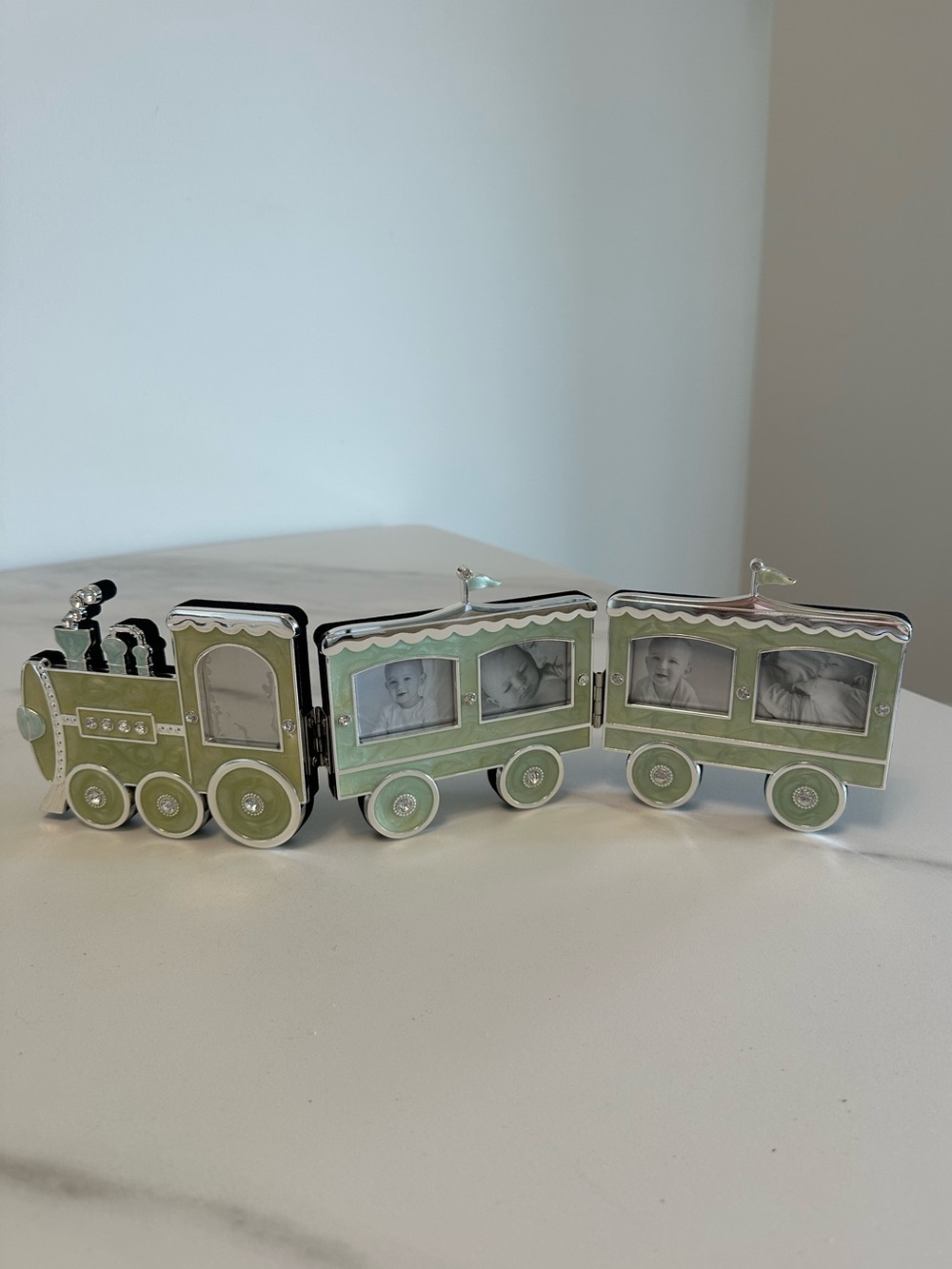 Silver Plated Green Enamel Multi Photo Train-Shaped Picture Frame w/ Crystals